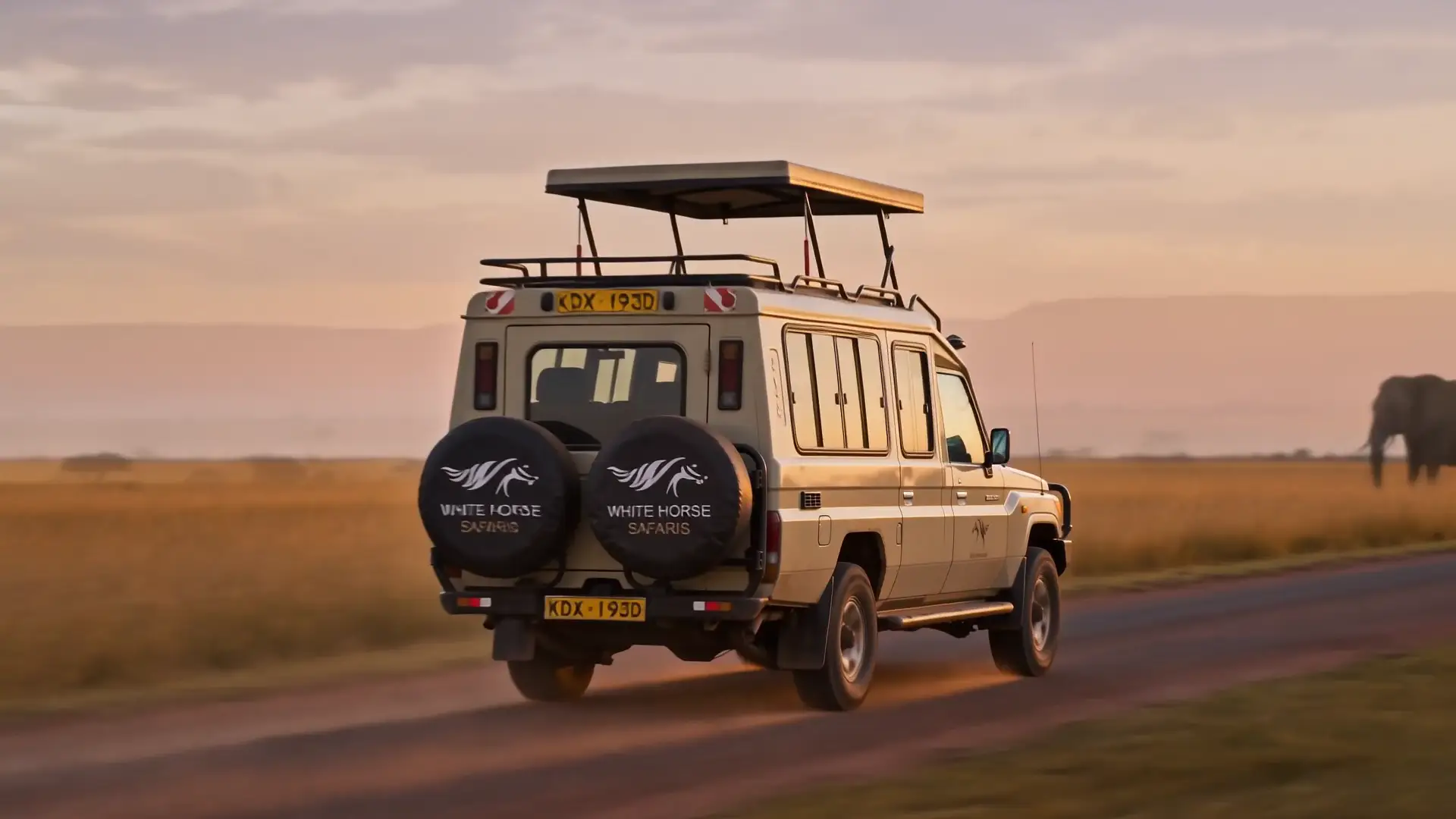 Safari Land Cruiser driving out of Nairobi at dawn