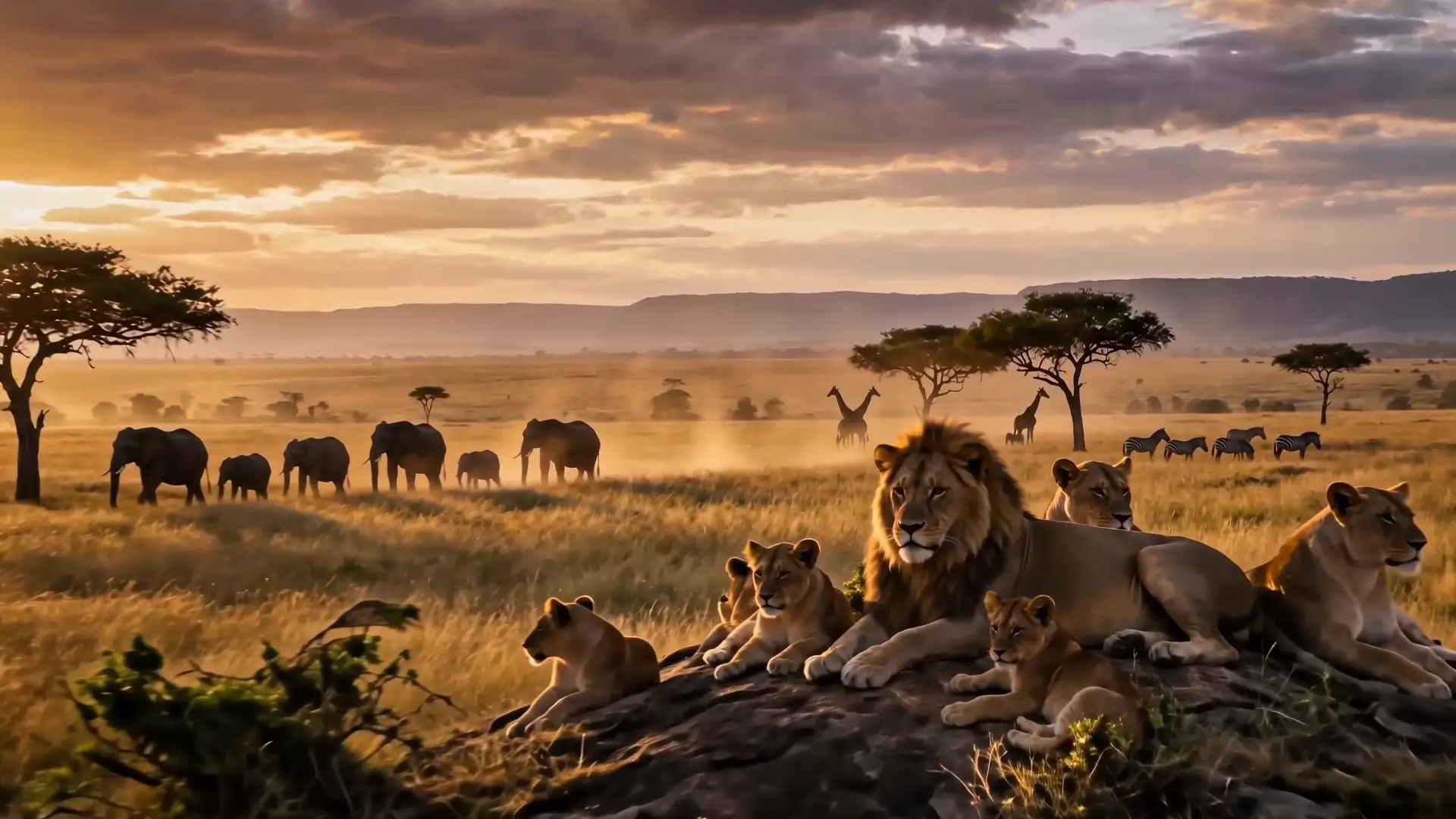 Giraffes crossing the golden Maasai Mara plains